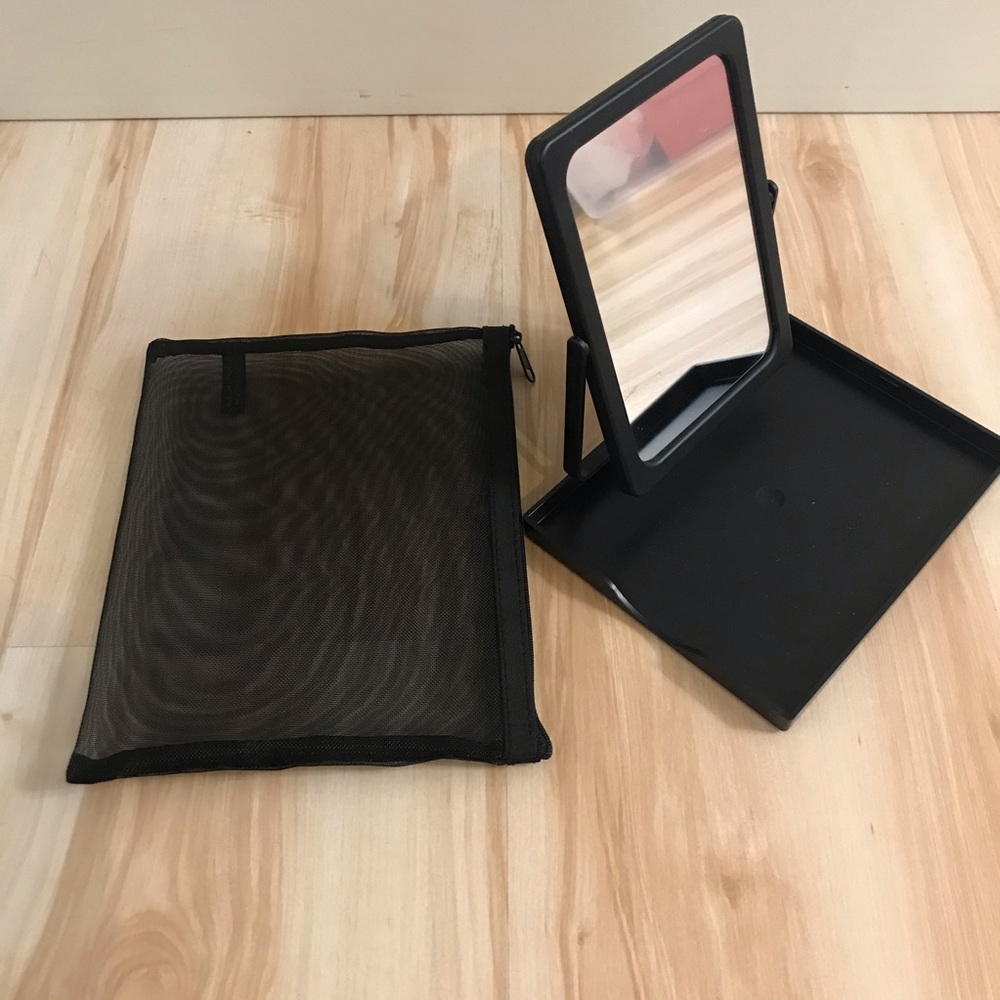 Makeup Mirror with Tray + Mesh Zip Bag